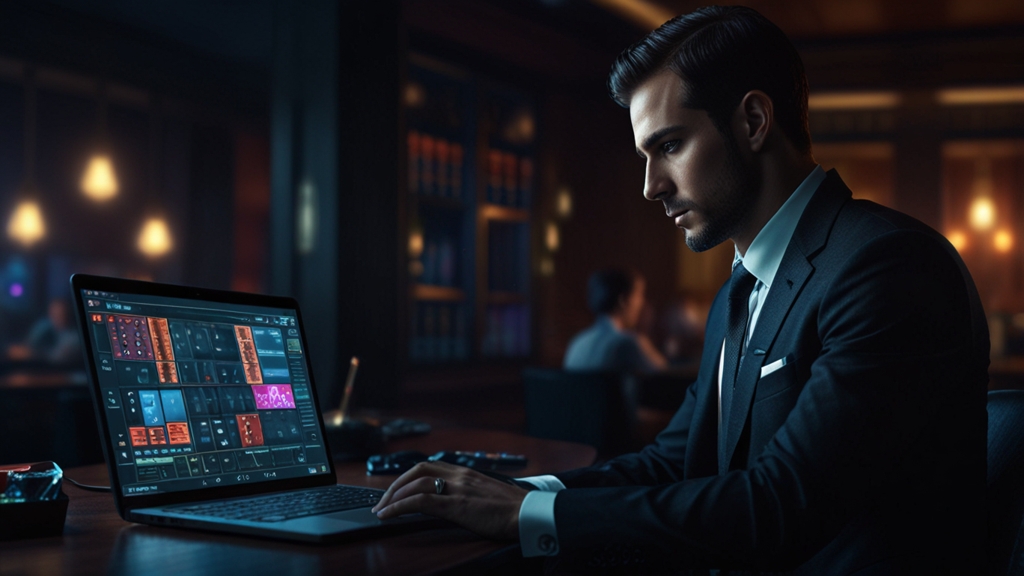 A player using a laptop for login recovery in a dark casino setting