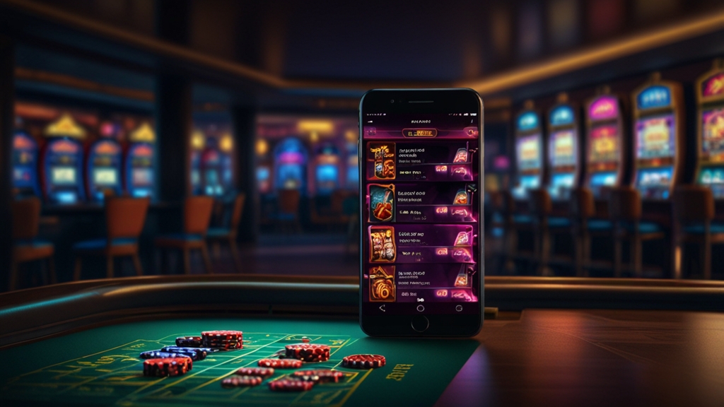 Smartphone showing a dark casino lobby with glowing slots and live table icons.