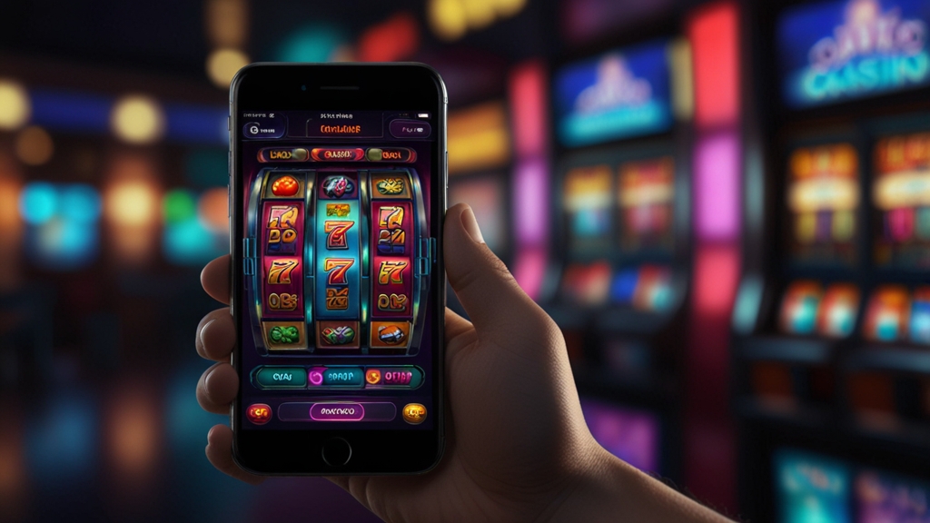 Hand holding a phone during a casino app download with neon lights in the background.