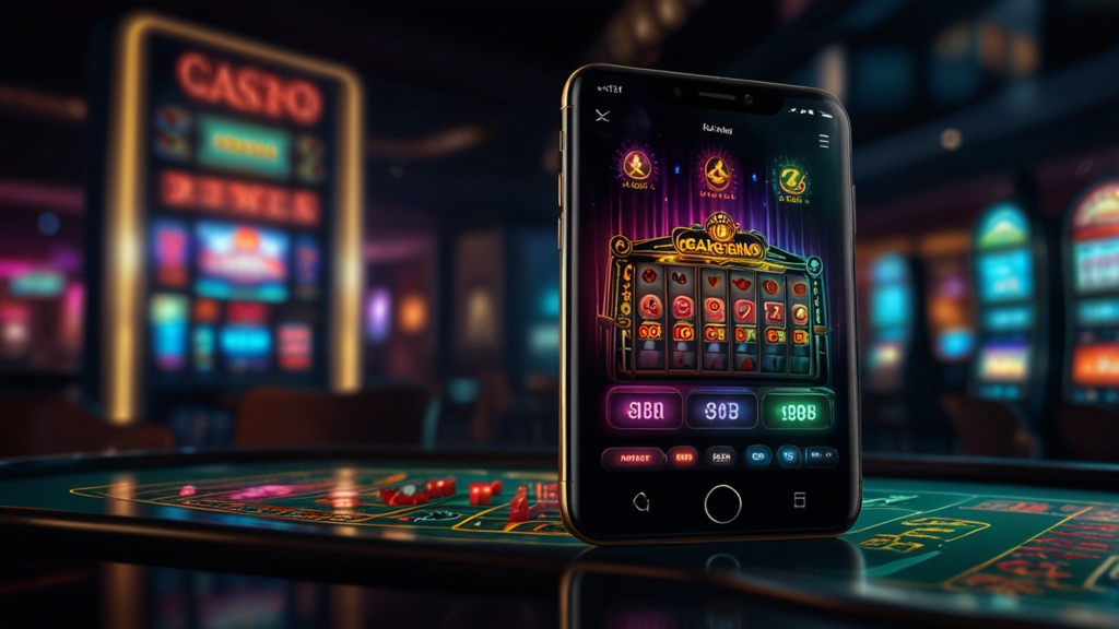 Modern smartphone showing a casino app interface with neon reflections.